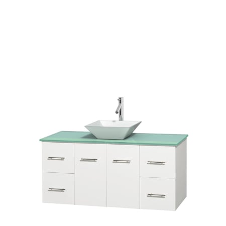 Full Vanity View with Green Glass Top and Vessel Sink