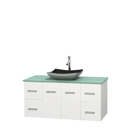 Full Vanity View with Green Glass Top and Vessel Sink