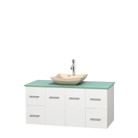 Full Vanity View with Green Glass Top and Vessel Sink