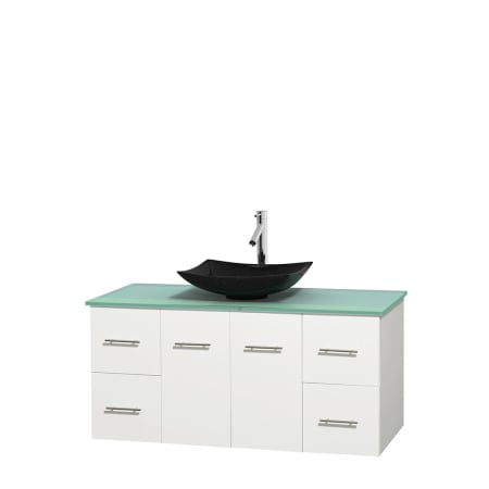 Full Vanity View with Green Glass Top and Vessel Sink