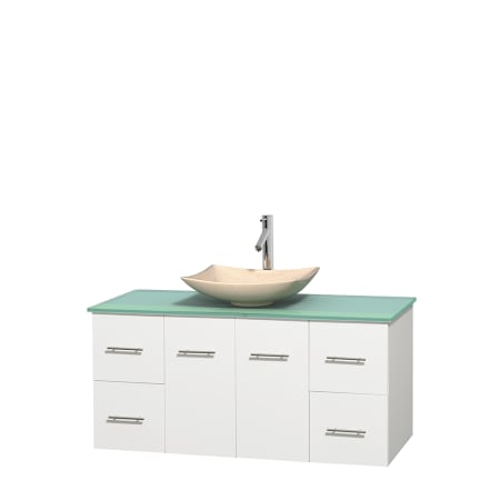 Full Vanity View with Green Glass Top and Vessel Sink