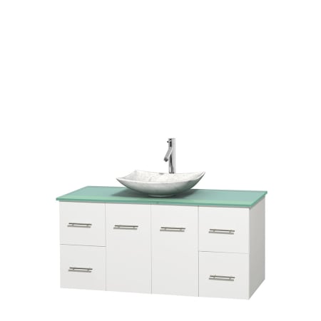 Full Vanity View with Green Glass Top and Vessel Sink