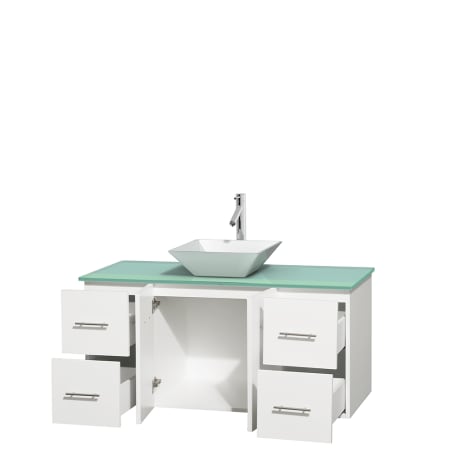 Open Vanity View with Green Glass Top and Vessel Sink