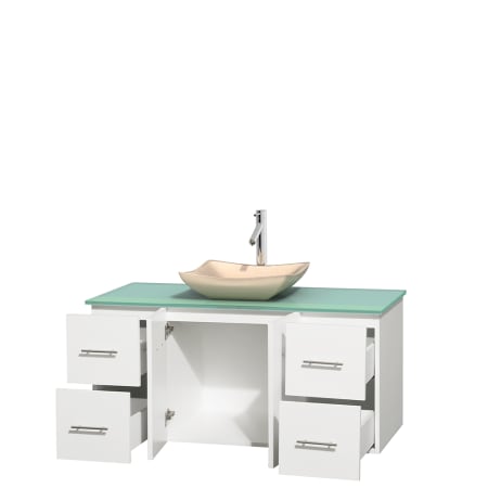 Open Vanity View with Green Glass Top and Vessel Sink