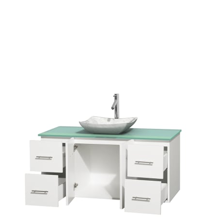 Open Vanity View with Green Glass Top and Vessel Sink