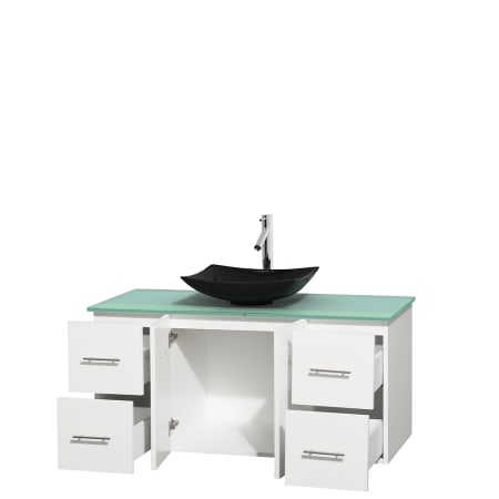 Open Vanity View with Green Glass Top and Vessel Sink