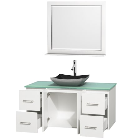 Open Vanity View with Green Glass Top, Vessel Sink, and 36" Mirror