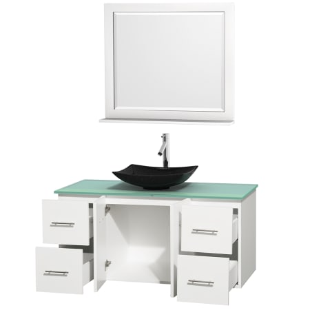 Open Vanity View with Green Glass Top, Vessel Sink, and 36" Mirror