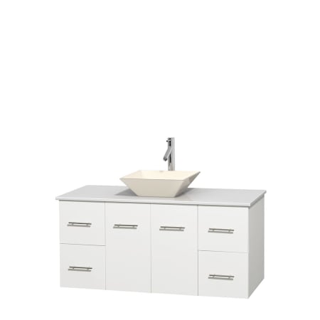 Full Vanity View with White Stone Top and Vessel Sink