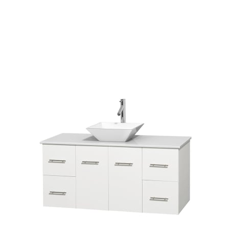 Full Vanity View with White Stone Top and Vessel Sink