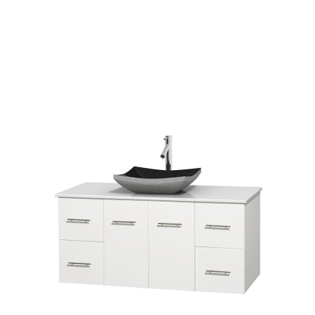 Full Vanity View with White Stone Top and Vessel Sink