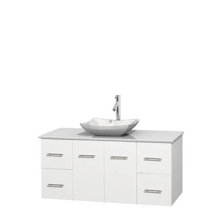 Full Vanity View with White Stone Top and Vessel Sink