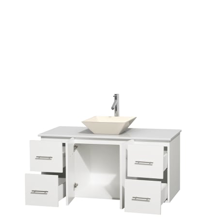 Open Vanity View with White Stone Top and Vessel Sink