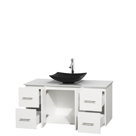 Open Vanity View with White Stone Top and Vessel Sink