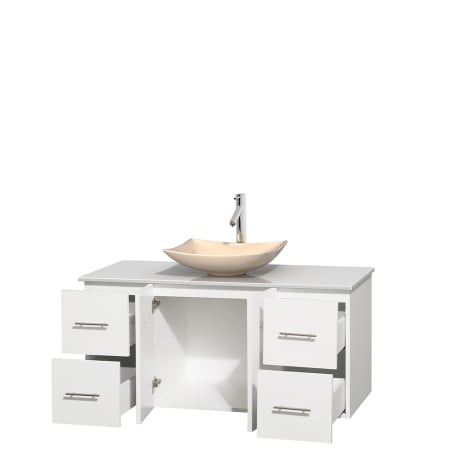 Open Vanity View with White Stone Top and Vessel Sink