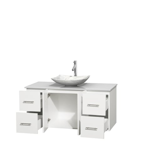 Open Vanity View with White Stone Top and Vessel Sink