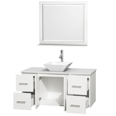 Open Vanity View with White Stone Top, Vessel Sink, and 36" Mirror