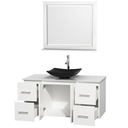 Open Vanity View with White Stone Top, Vessel Sink, and 36" Mirror