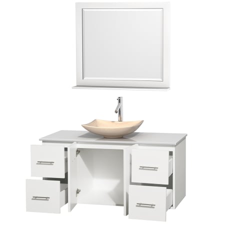 Open Vanity View with White Stone Top, Vessel Sink, and 36" Mirror