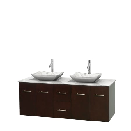 Full Vanity View with White Carrera Marble Top and Vessel Sinks