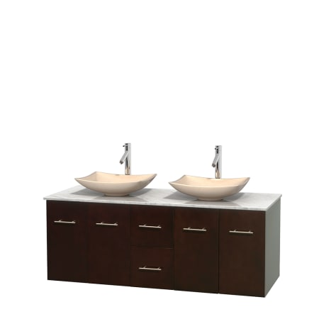 Full Vanity View with White Carrera Marble Top and Vessel Sinks