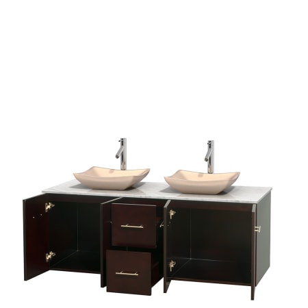 Open Vanity View with White Carrera Marble Top and Vessel Sinks