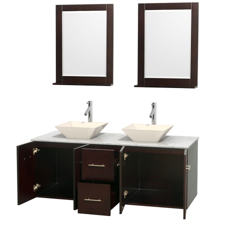 Open Vanity View with White Carrera Marble Top, Vessel Sinks, and 24" Mirrors