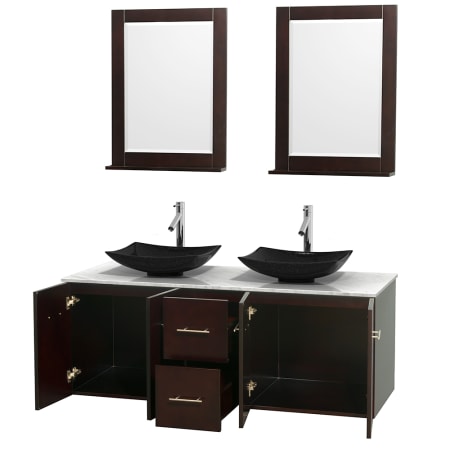 Open Vanity View with White Carrera Marble Top, Vessel Sinks, and 24" Mirrors