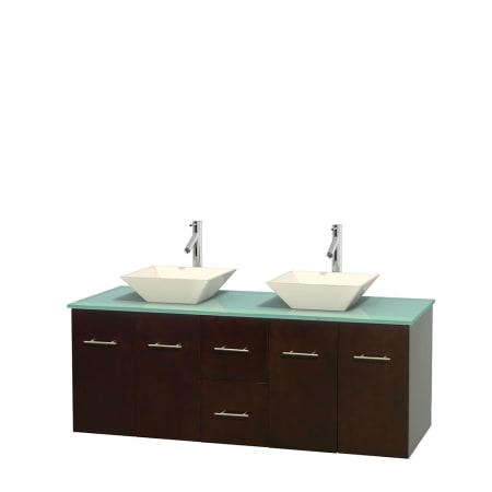 Full Vanity View with Green Glass Top and Vessel Sinks