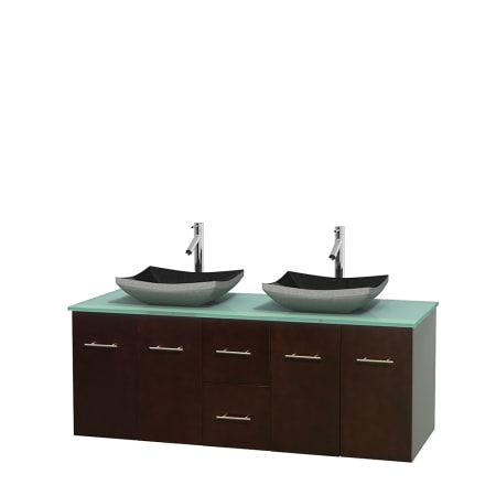 Full Vanity View with Green Glass Top and Vessel Sinks