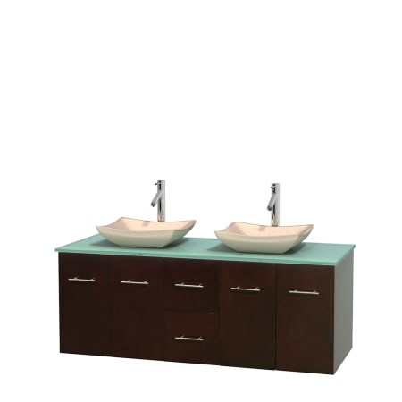 Full Vanity View with Green Glass Top and Vessel Sinks