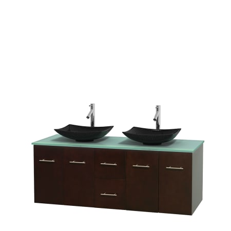 Full Vanity View with Green Glass Top and Vessel Sinks