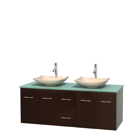 Full Vanity View with Green Glass Top and Vessel Sinks