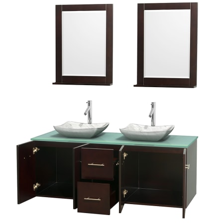 Open Vanity View with Green Glass Top, Vessel Sinks, and 24" Mirrors