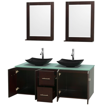 Open Vanity View with Green Glass Top, Vessel Sinks, and 24" Mirrors