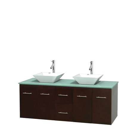 Full Vanity View with Green Glass Top and Vessel Sinks