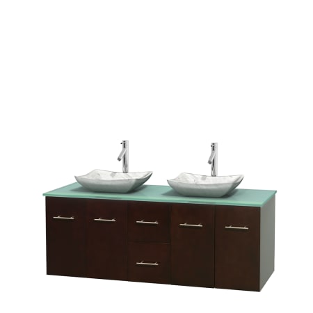 Full Vanity View with Green Glass Top and Vessel Sinks