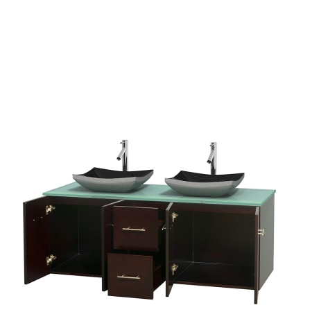 Open Vanity View with Green Glass Top and Vessel Sinks