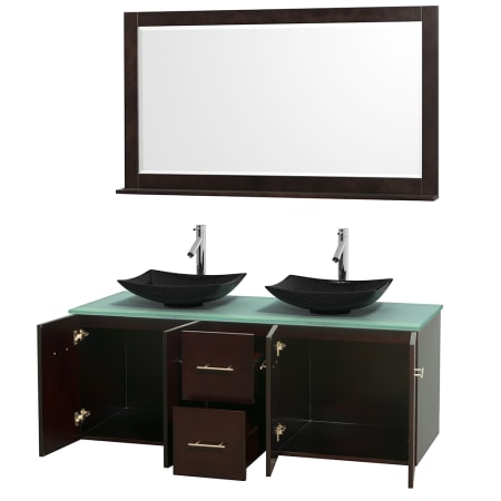 Open Vanity View with Green Glass Top, Vessel Sinks, and 58" Mirror