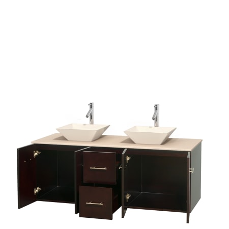 Open Vanity View with Ivory Marble Top and Vessel Sinks