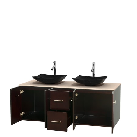 Open Vanity View with Ivory Marble Top and Vessel Sinks