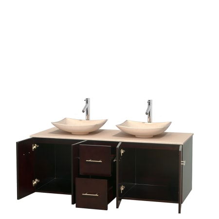 Open Vanity View with Ivory Marble Top and Vessel Sinks