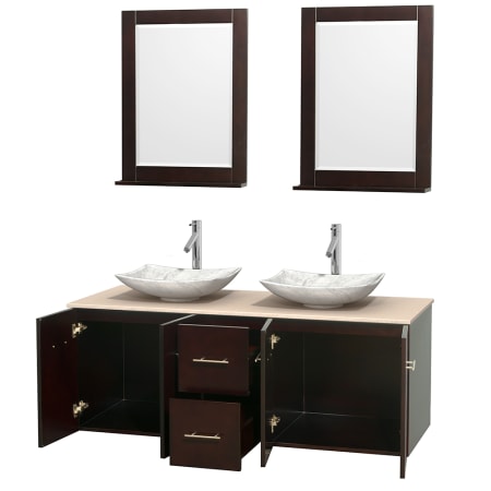 Open Vanity View with Ivory Marble Top, Vessel Sinks, and 24" Mirrors