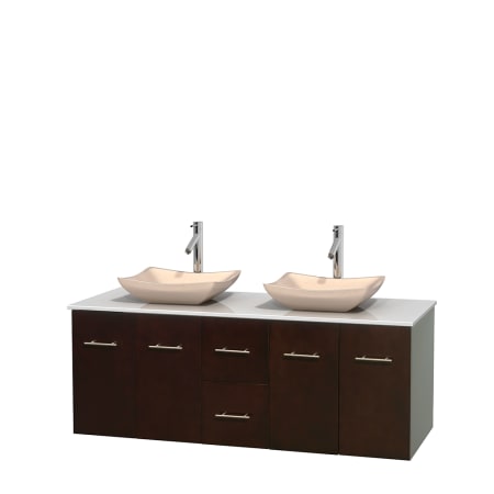 Full Vanity View with White Stone Top and Vessel Sinks