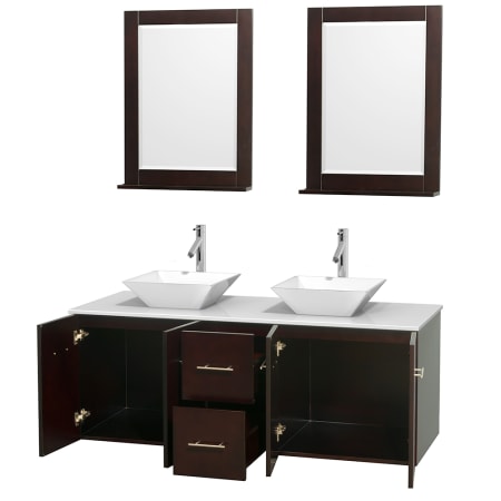 Open Vanity View with White Stone Top, Vessel Sinks, and 24" Mirrors