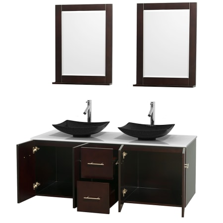 Open Vanity View with White Stone Top, Vessel Sinks, and 24" Mirrors