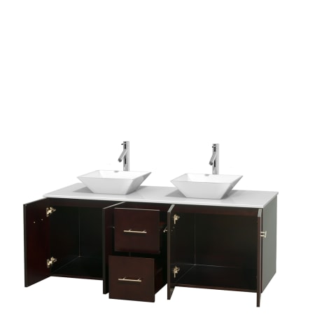 Open Vanity View with White Stone Top and Vessel Sinks