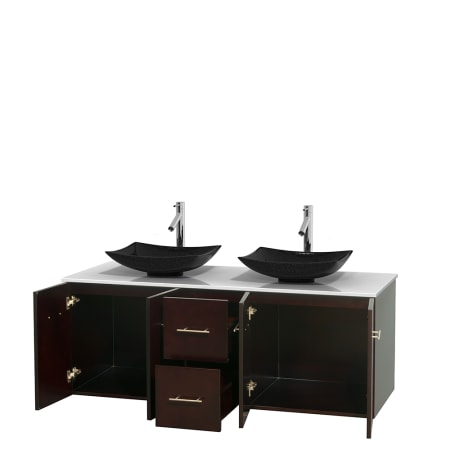 Open Vanity View with White Stone Top and Vessel Sinks