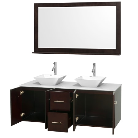 Open Vanity View with White Stone Top, Vessel Sinks, and 58" Mirror