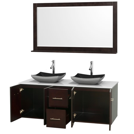 Open Vanity View with White Stone Top, Vessel Sinks, and 58" Mirror